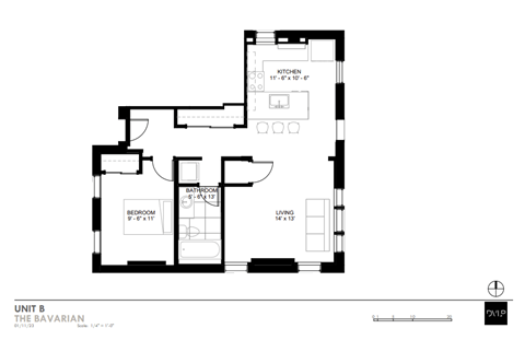 Floor plan for 1 bed, 1 bath, 650 sqft